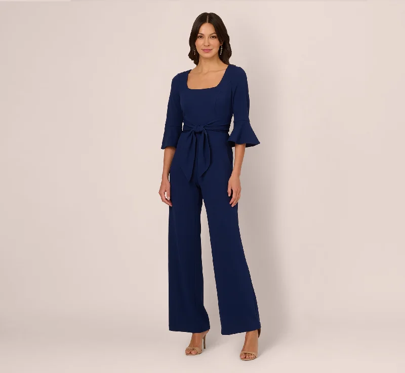 Everyday Sundress with Strappy Back for Beach​ Knit Crepe Wide Leg Jumpsuit With Bell Sleeves In Navy Sateen