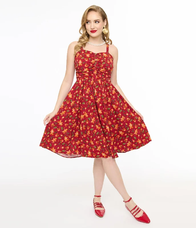 Everyday Dress with Stretch - knit Fabric for Easy Movement​ Miss Lulo 1950s Red Gingerbread Man Print Eden Fit & Flare Dress
