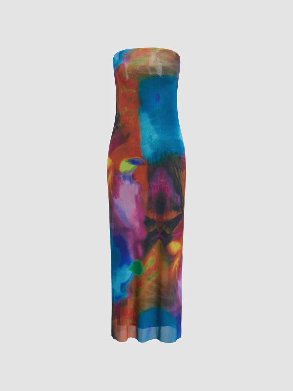 Sleeveless Casual Dresses for Warm Weather​ Tulle Printed Mesh Strapless Tube Midi Dress