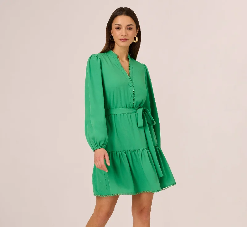 Casual Everyday Dress for Women in Cotton​ Long Sleeve Scallop Trim Short Dress In Green
