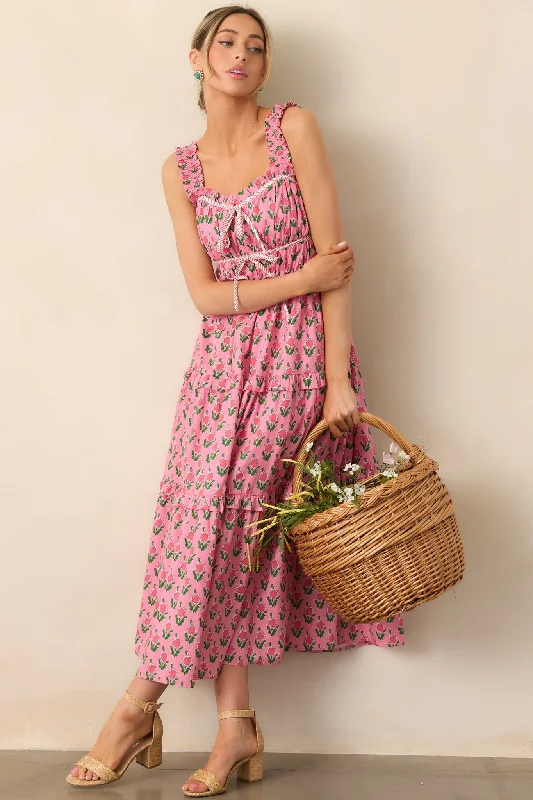 Lace - Trimmed Casual Dresses for a Delicate Touch​ Tour Of The City Cotton Pink Floral Midi Dress