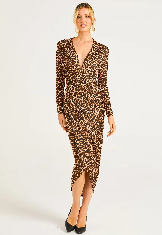 Midi dresses with side slits for a sexy and elegant appearance Angeleye Plunge Neck Faux Wrap Print Midi Dress In Leopard Midi dresses with side slits for a sexy and elegant appearance Angeleye Plunge Neck Faux Wrap Print Midi Dress In Leopard