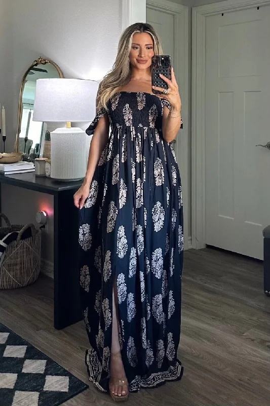 Metallic - Accented Casual Dresses for a Shiny Finish​ Sand in Your Toes Smocked Maxi Dress: Navy Multi