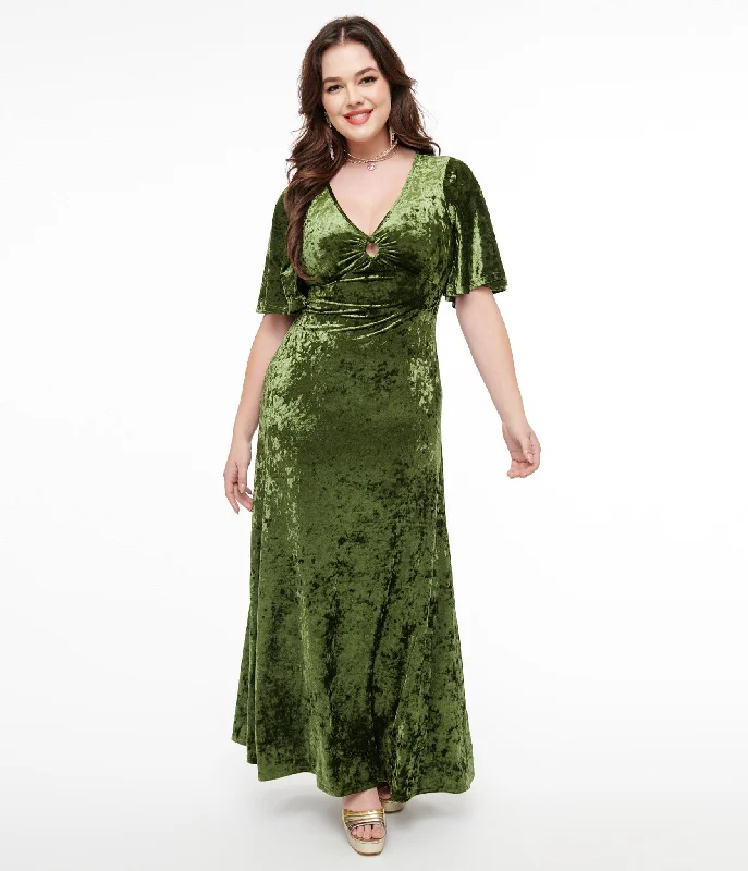 Everyday Dress with Pleated Bodice for a Structured Look​ Smak Parlour 1970s Mossy Green Velvet Cutout Maxi Dress