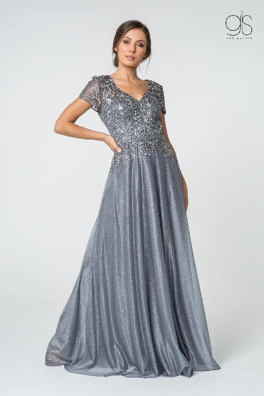 V - neck organza wedding dresses for a romantic touch​ Long V-neck Mother of the Bride Lace Chiffon Gown Formal