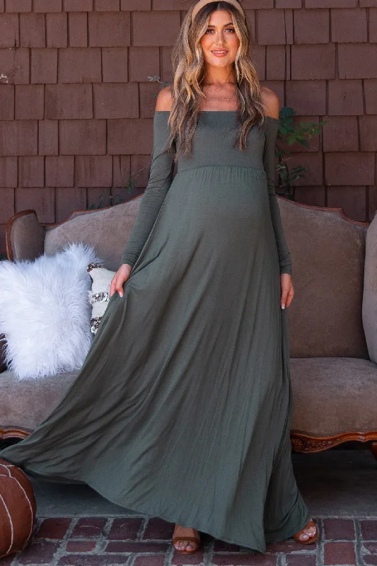 Maternity dress for a dinner date with partner PinkBlush Olive Solid Off Shoulder Maternity Maxi Dress