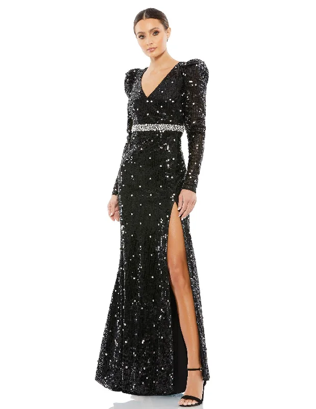 Empire waist wedding dresses with beaded bodices​ Mac Duggal 10736 Long Sleeve Formal Evening Gown