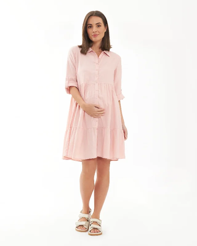 Maternity dress with side ruching to accommodate bump Adel Linen Dress Soft Pink