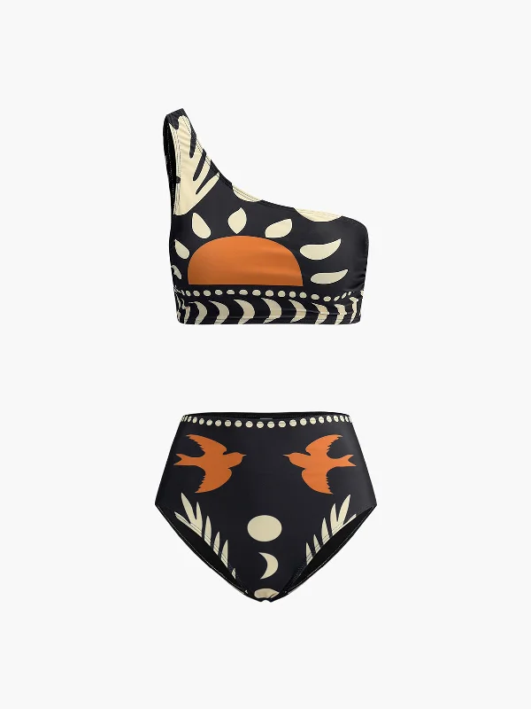 Hypoallergenic Casual Dresses for Sensitive Skin​ Bird Print Asymmetrical Neck Bikini Set