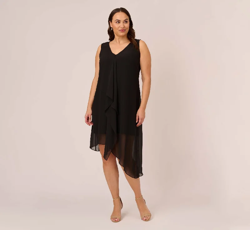 Everyday Dress with Monogram for a Personalized Touch​ Plus Size Sleeveless Chiffon Dress With Cascading Details In Black