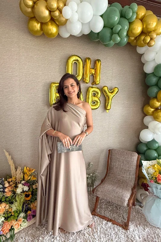 Maternity dress for a baby's first visit to the indoor garden Luxe Golden Glow Satin Maternity Gown