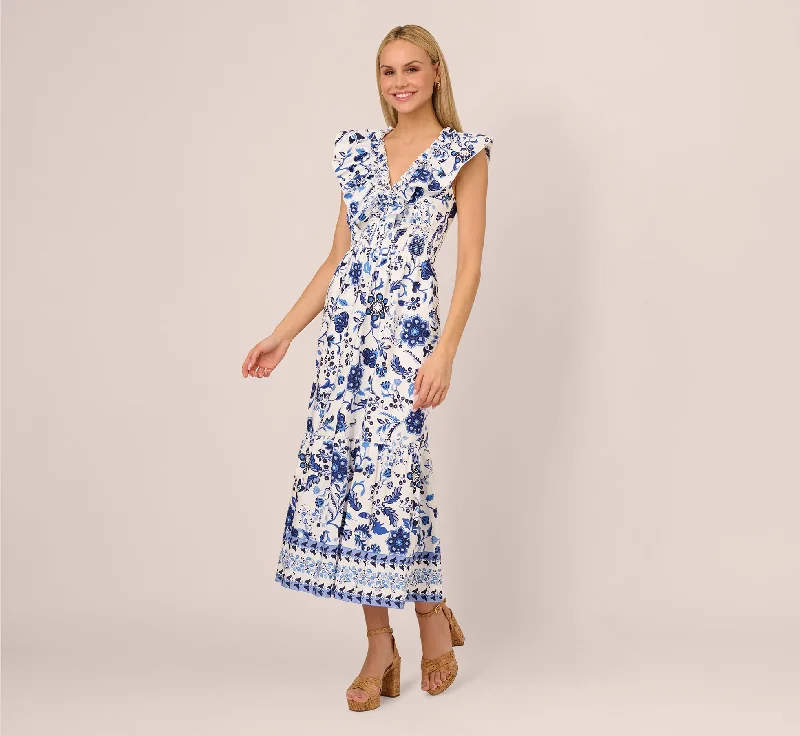 Everyday Dress with Open - back Design for a Modern Look​ Sleeveless Ruffle Collar Printed Midi Dress In White Blue Multi