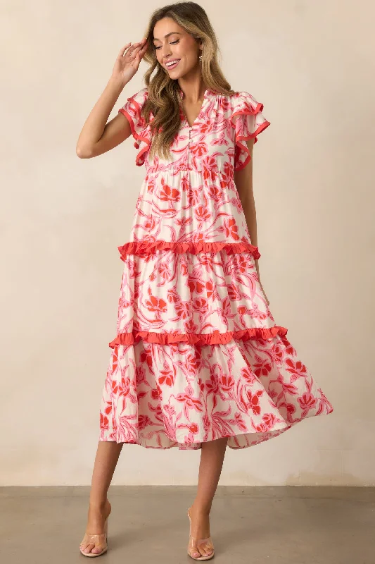 A - Line Casual Dresses for a Flattering Silhouette​ Just Right Pink Floral Flutter Sleeve Midi Dress