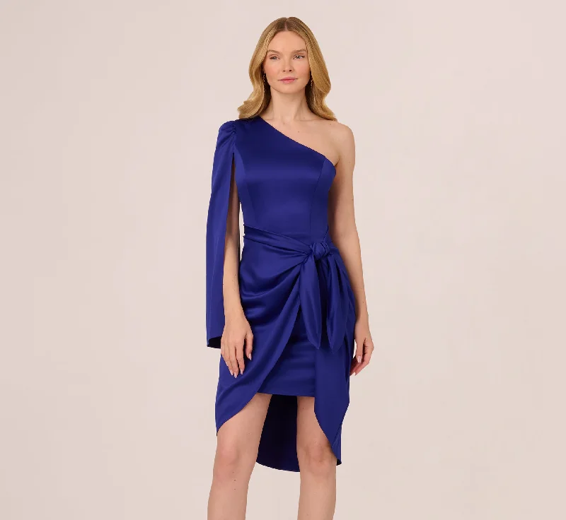Everyday Sheath Dress in Wool for Winter​ One Shoulder Satin Knot Draped Midi Dress In Dark Blue Violet
