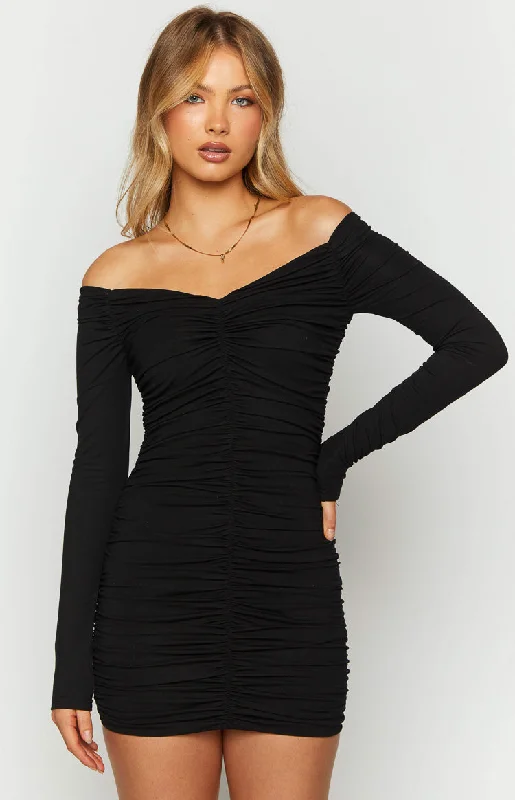 Mini dresses with off - the - shoulder styles Solene Black Long Sleeve Mini Dress