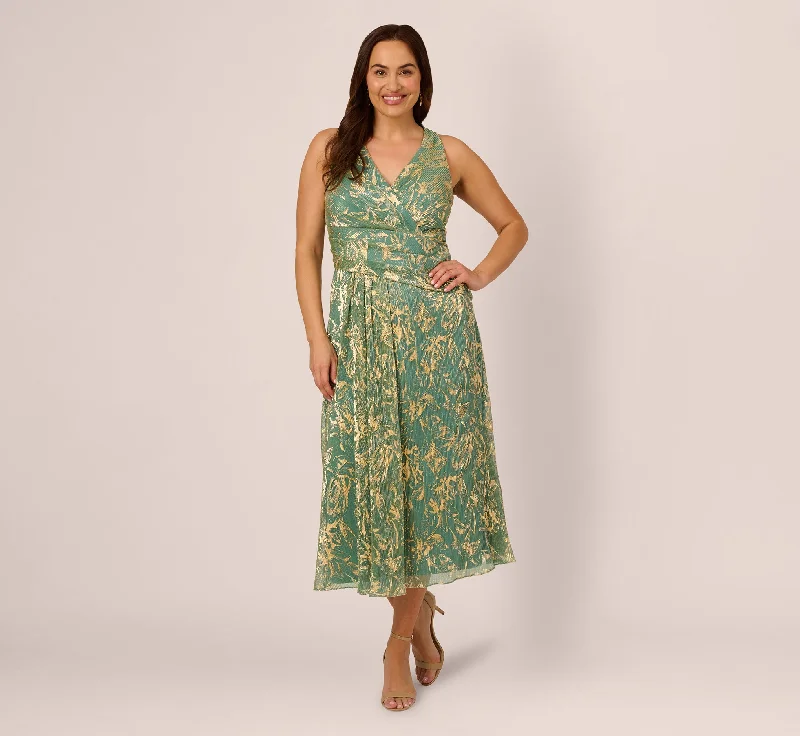 Midi dresses with puff sleeves for a vintage - inspired look Plus Size Sleeveless Metallic Crinkle Midi Dress In Sage Gold Midi dresses with puff sleeves for a vintage - inspired look Plus Size Sleeveless Metallic Crinkle Midi Dress In Sage Gold