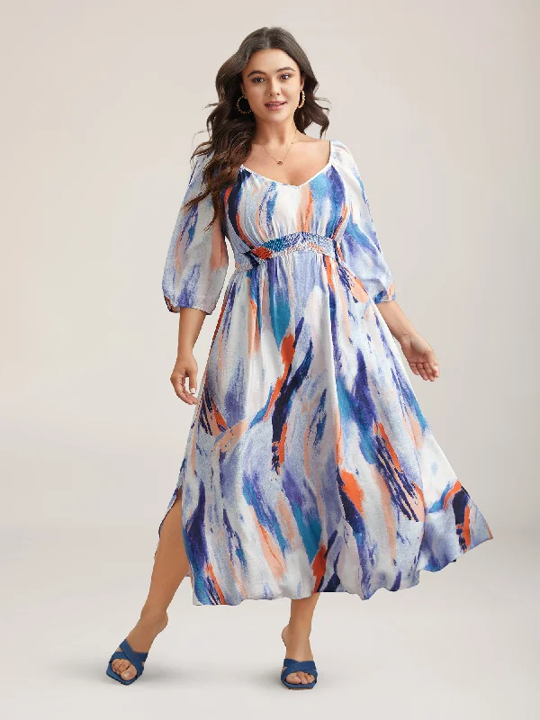 Everyday Dress with Ruffled Collar for a Girly Appeal​ Abstract Print Waist-Cinched Split Hem Maxi Dress