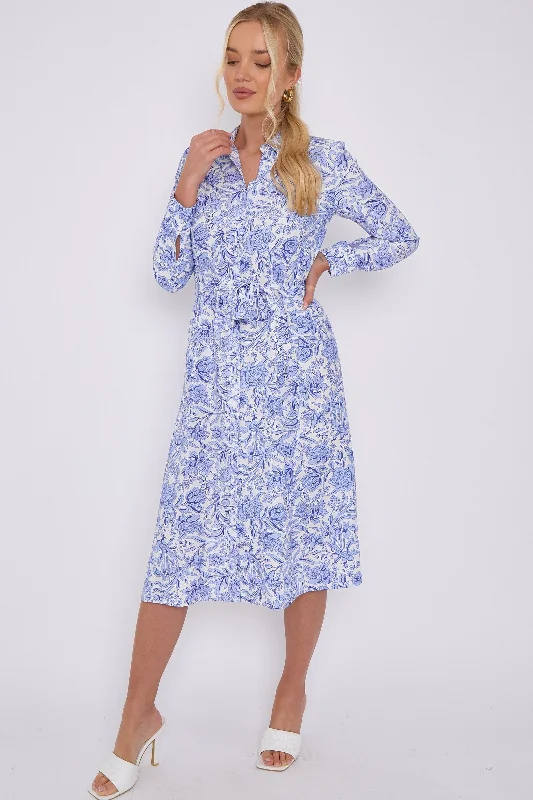 Midi dresses with geometric cutouts for a contemporary and edgy look LOVE SUNSHINE Blue Rose Floral Print Long Sleeve Midi Shirt Dress Midi dresses with geometric cutouts for a contemporary and edgy look LOVE SUNSHINE Blue Rose Floral Print Long Sleeve Midi Shirt Dress
