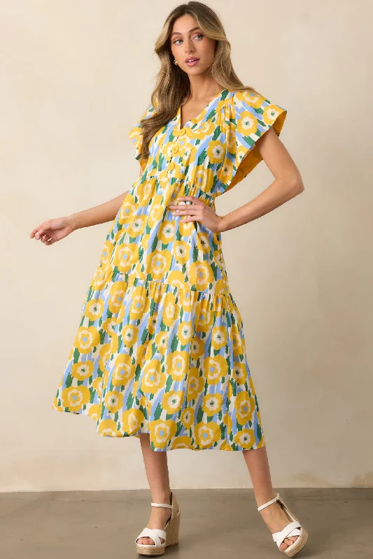 Polyester - Cotton Blend Casual Dresses​ Daisy Date Night Yellow Floral Cotton Midi Dress