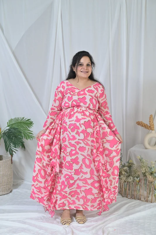 Maternity dress for maternity yoga classes Jolly Pink Floral Maternity Flow Dress