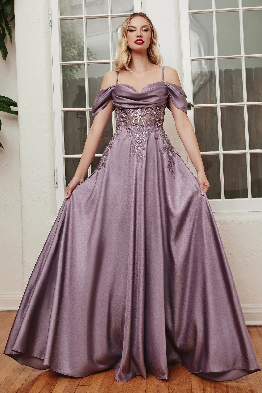 Wedding dresses with a built - in petticoat for added volume​ Cinderella Divine OC012 Long Off Shoulder A-Line Gown