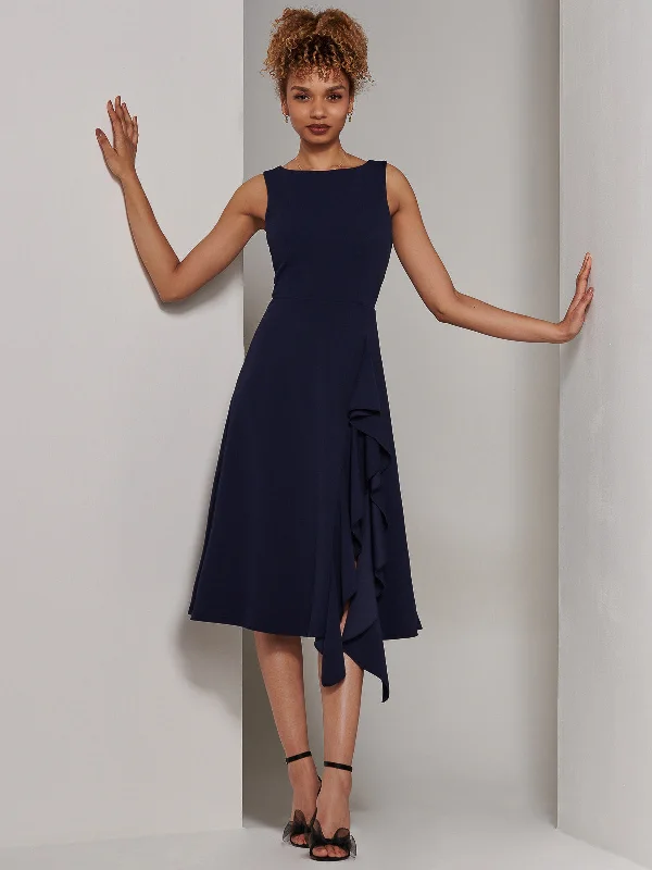 Midi dresses with belted waists to accentuate the figure Haylen Frill Detail Midi Dress, Navy