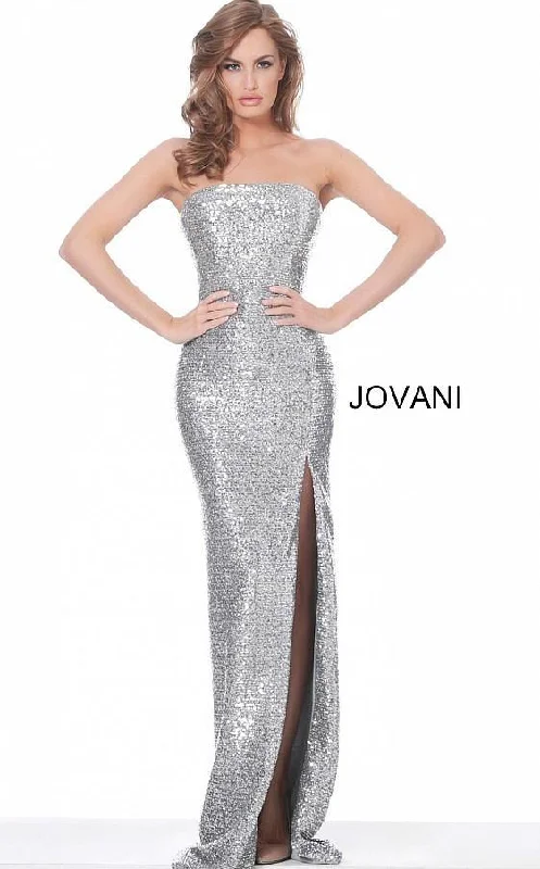 High - low hem wedding dresses for a trendy twist​ Jovani 02554 Silver Strapless High Slit Evening Dress