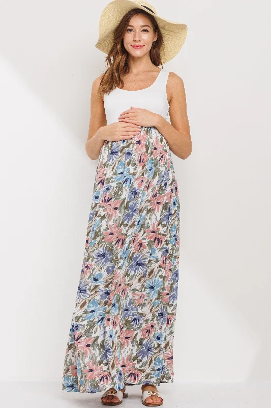 Maternity dress for a baby's first train journey Color Block Floral Print Tank Maternity Maxi Dress