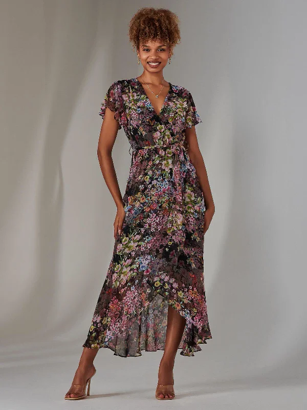 Midi dresses with belted waists to accentuate the figure Chiffon Print Frill Dip Hem Maxi Dress, Black Floral