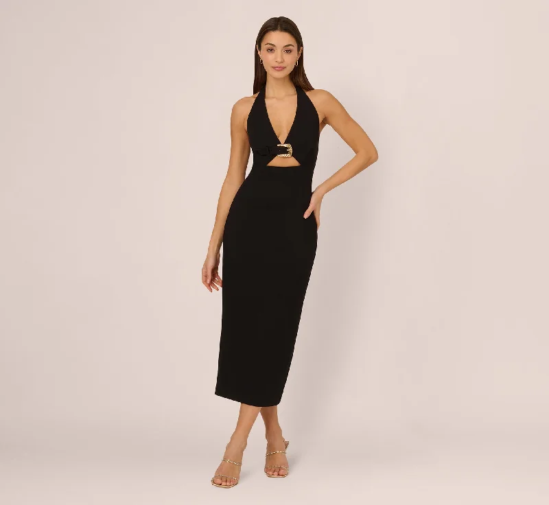 Midi dresses with cold - shoulder cutouts for a trendy style Halter Buckle Detail Midi Dress In Black Midi dresses with cold - shoulder cutouts for a trendy style Halter Buckle Detail Midi Dress In Black