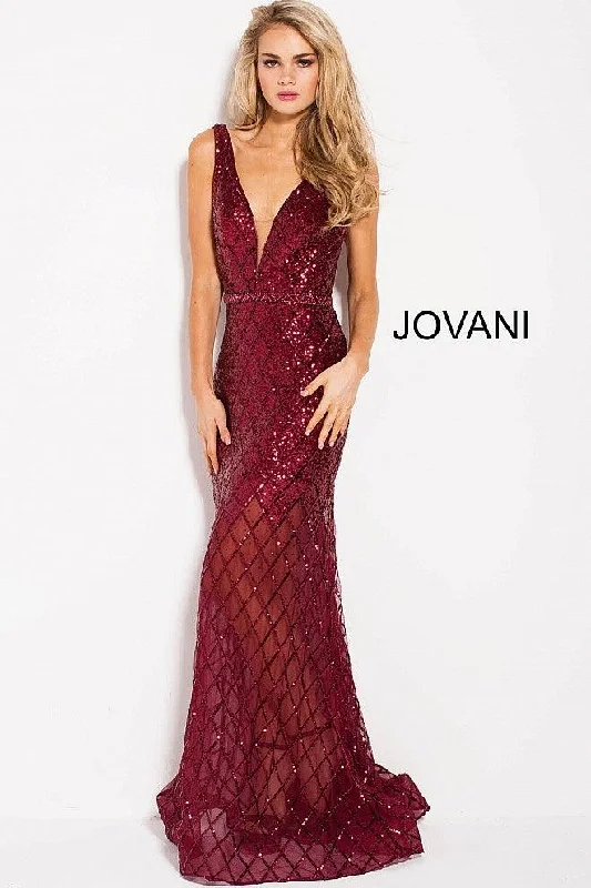 Illusion - neck wedding dresses with delicate lace​ Jovani 59186 Lattice Beadwork Long Prom Dress