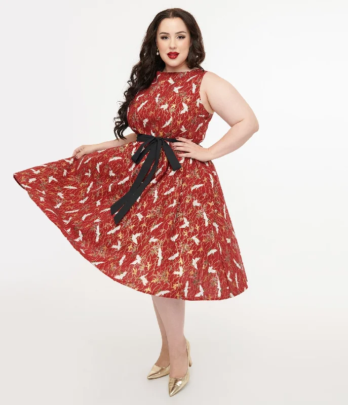  Unique Vintage Plus Size 1950s Burgundy Fall Crane Sleeveless Swing Dress