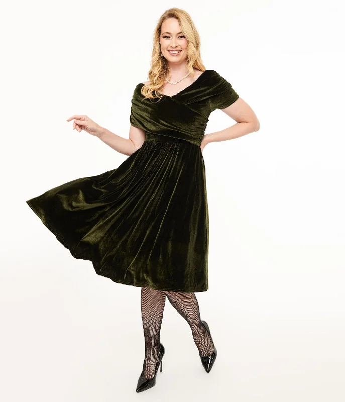  Unique Vintage 1950s Olive Green Shirred Velvet Swing Dress