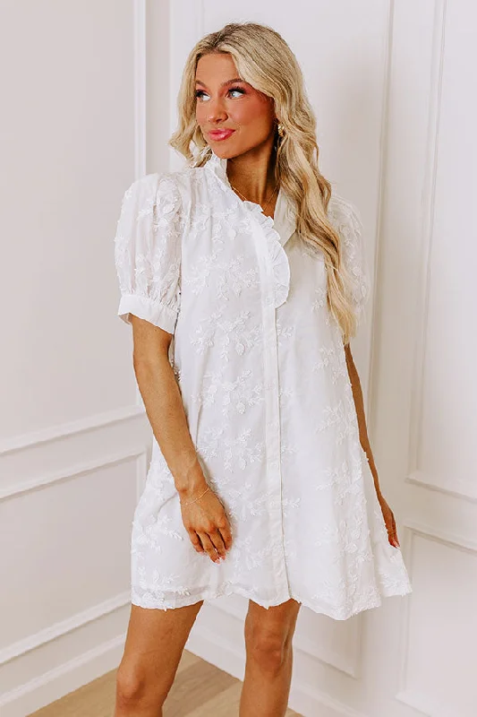Mini dresses with geometric prints for a modern aesthetic Sunday Brunch Embroidered Mini Dress in White