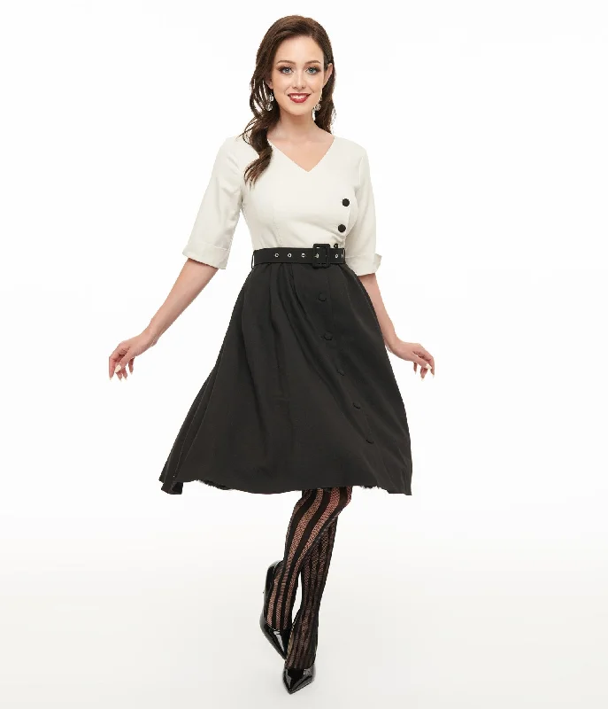  Voodoo Vixen 1950s White & Black Button Swing Dress