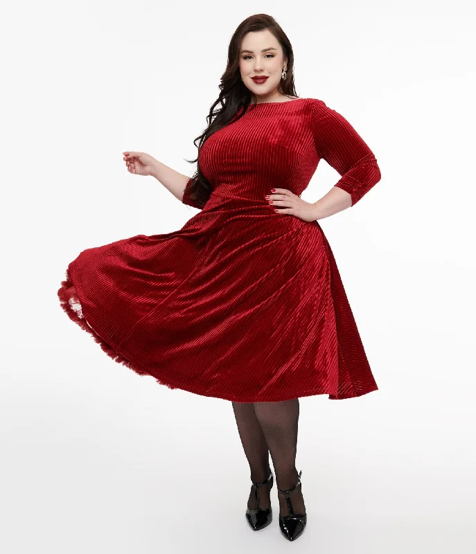 Everyday Dress with Bishop Sleeves for a Victorian - inspired Look​ Unique Vintage Plus Size 1950s Burgundy Textured Velvet Devon Swing Dress