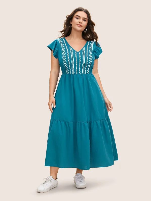  Cotton Bandana Geometric Ruffle Cap Sleeve Midi Dress