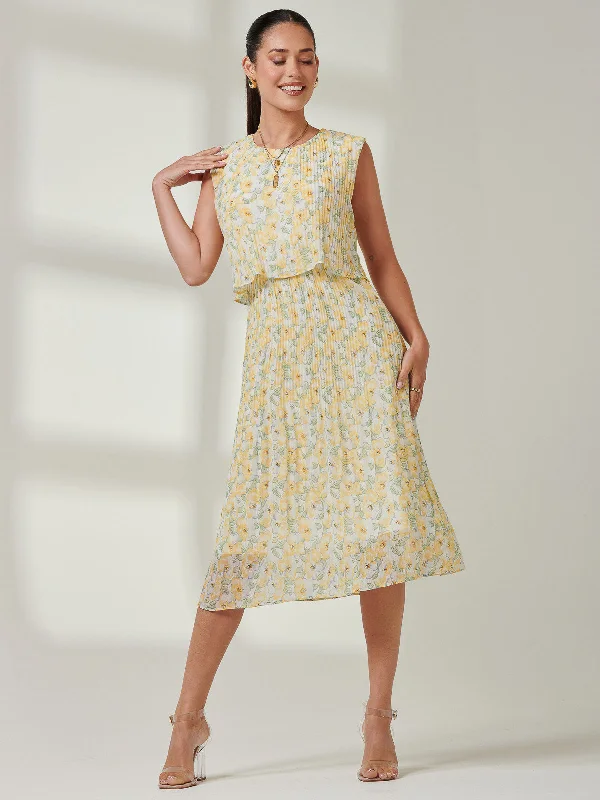 Midi dresses with mesh inserts for a trendy and breathable option Olena Pleated Overlay Chiffon Midi Dress, Yellow Multi Midi dresses with mesh inserts for a trendy and breathable option Olena Pleated Overlay Chiffon Midi Dress, Yellow Multi