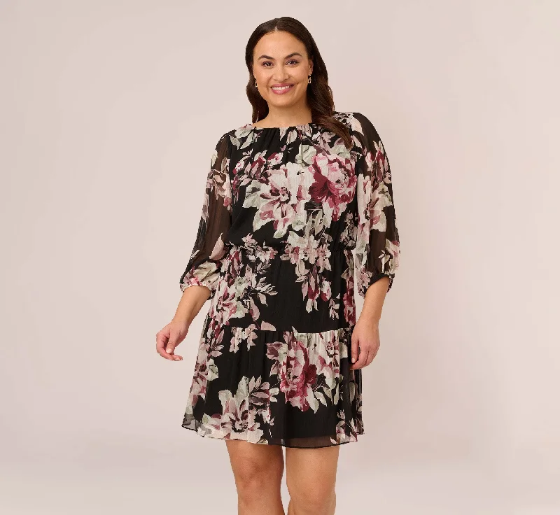 Everyday Dress with Ruffled Collar for a Girly Appeal​ Plus Size Floral Chiffon Dress With Three Quarter Length Sleeves In Black Multi
