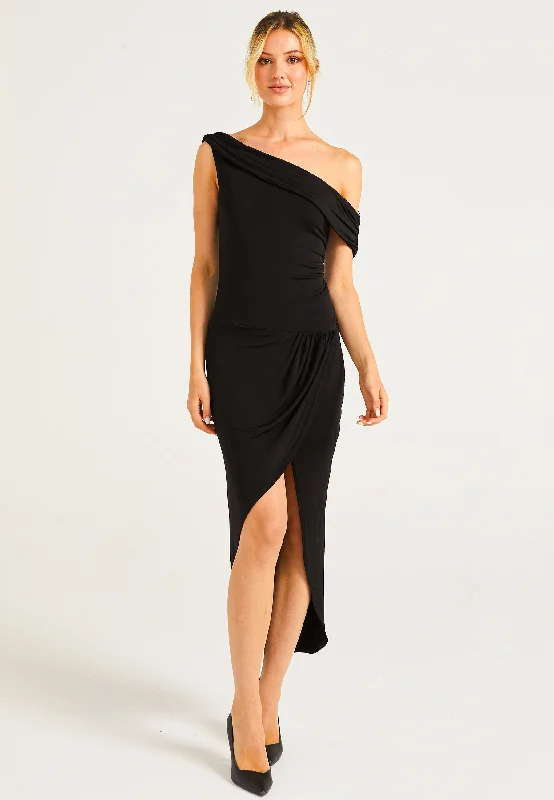 Midi dresses with ribbed textures for a unique and tactile appearance Angeleye Off Shoulder Faux Wrap Dress With Leg Slit