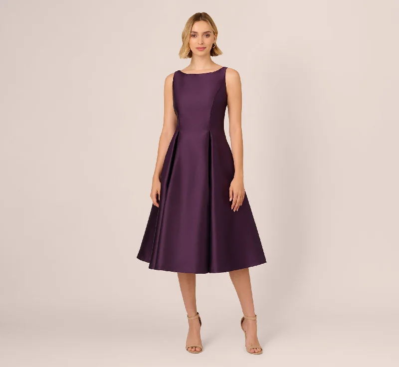 Midi dresses with wrap - around skirts for a customizable fit Sleeveless Mikado Fit And Flare Midi Dress With V-Back In Luxe Plum