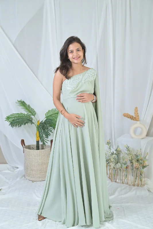 Maternity dress for a baby's first visit to the bird sanctuary Luxe Sage Green Embroidered Maternity Satin Gown