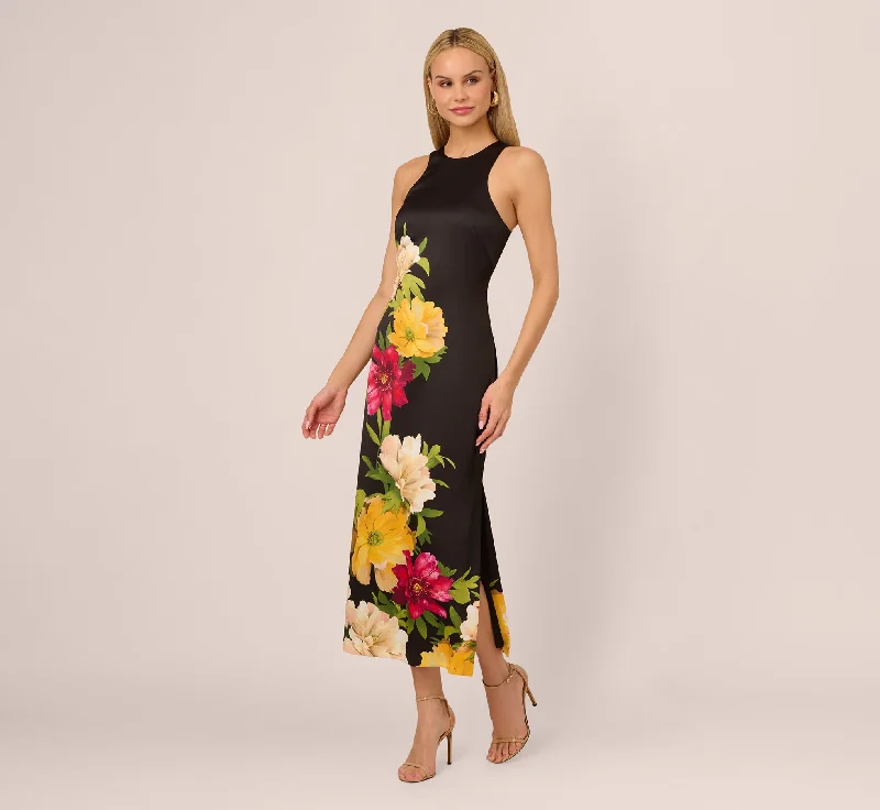 Midi dresses with cotton - blend materials for everyday comfort Sleeveless Floral Printed Satin Midi Dress In Black Multi Midi dresses with cotton - blend materials for everyday comfort Sleeveless Floral Printed Satin Midi Dress In Black Multi