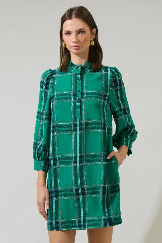 Festival - Inspired Casual Dresses with Bohemian Flair​ Woodland Jade Plaid Lorna Shift Mini Dress