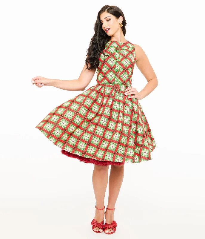 Everyday Dress with Bell Sleeves for a Dramatic Look​ Retrolicious 1950s Red Tartan Holiday Elizabeth Swing Dress