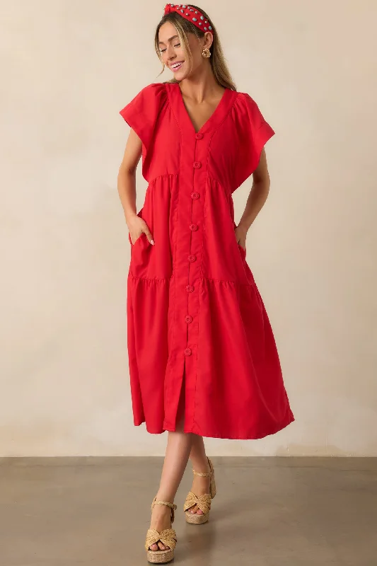 Cable - Knit Casual Dresses for a Traditional Style​ Living In A Small Town Red Button Front Midi Dress