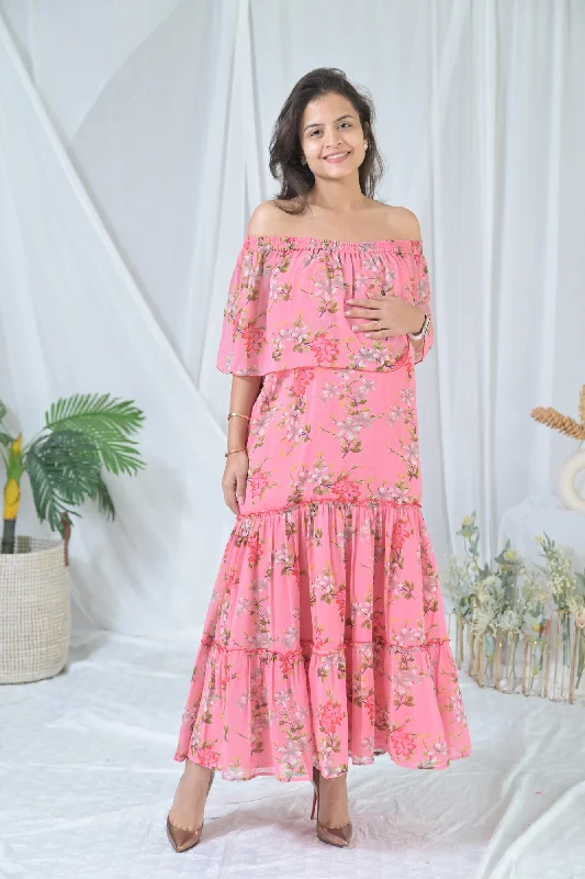 Maternity dress for a baby's first visit to the beach Charming Peach Blossom Off-Shoulder Maternity Dress