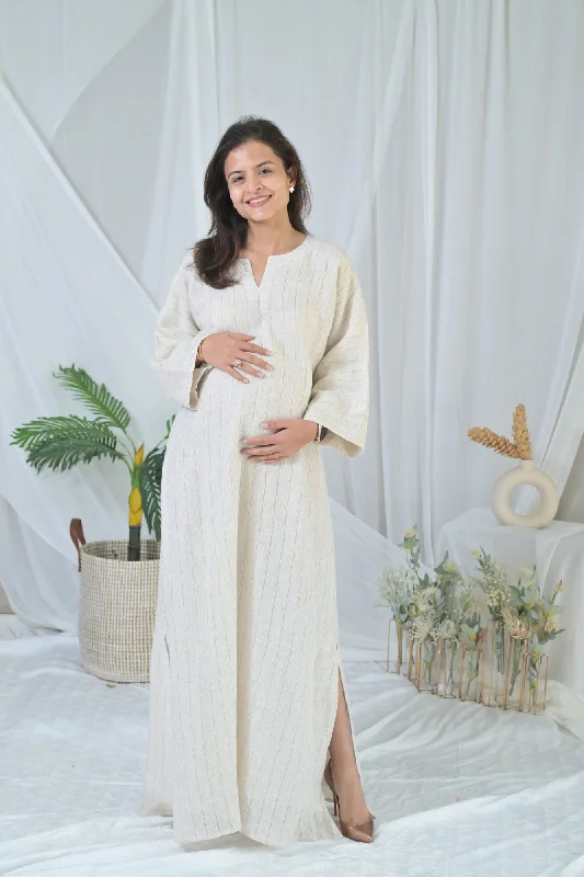 Maternity dress for a baby's first visit to the sensory garden Luxe Graceful Beige Long Maternity Linen Dress