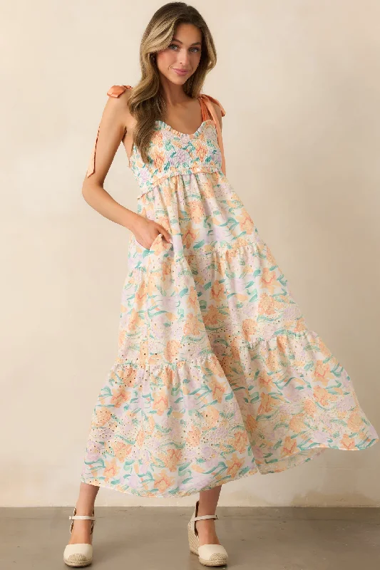 Outdoor Event Casual Dresses in Durable Fabrics​ At First Glance Light Orange Embroidered Eyelet Maxi Dress
