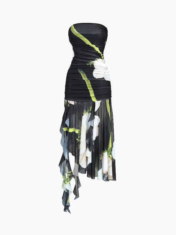 Pocket - Equipped Casual Dresses for Practicality​ Gardenia Floral Mesh Pleat Tube Midi Dress